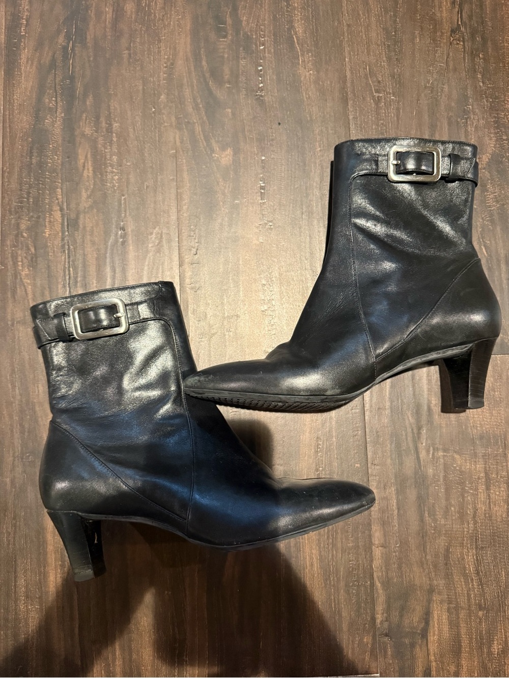 Cole Haan Black Leather Mid‑Heel Ankle Boots with Buckle Accent